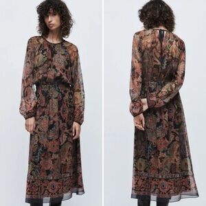 Zara Boho Sheer Floral Midi Dress XL Long Sleeve Paisley